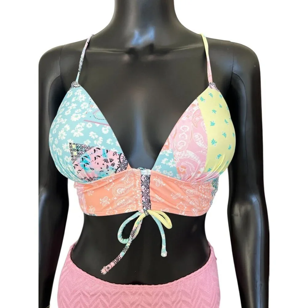 Salt + Cove Pink Multicolor Patchwork Bikini Swimsuit Set Medium